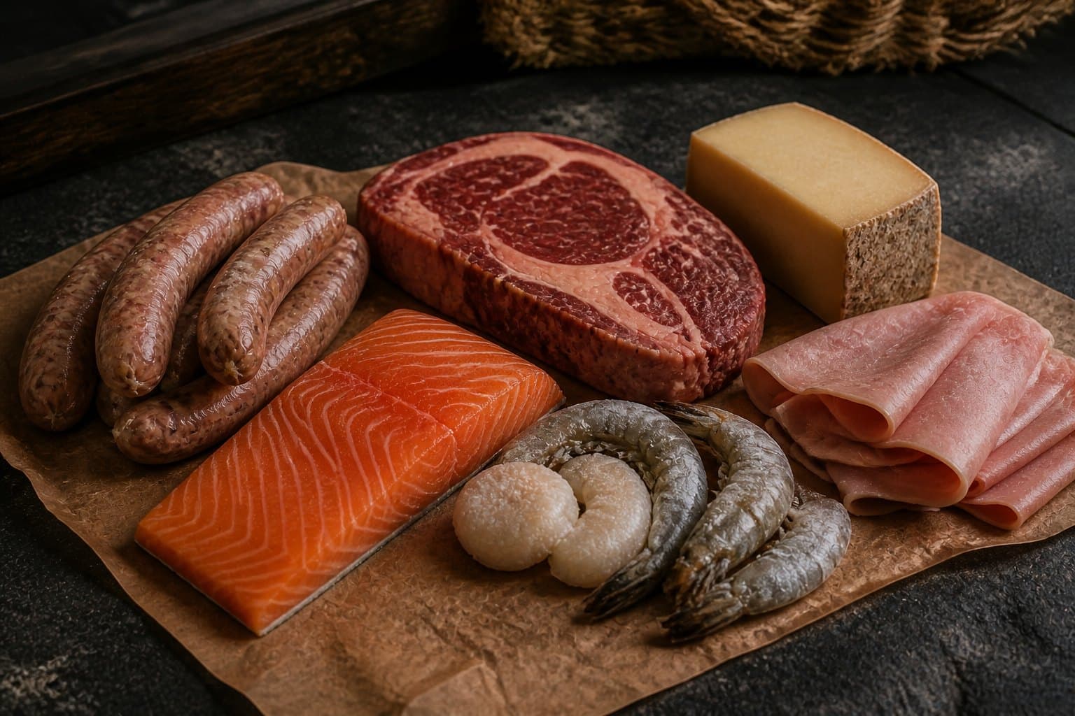 The Sausage Guy counter: ribeye, cheese, charcuterie and sausages on dark slate