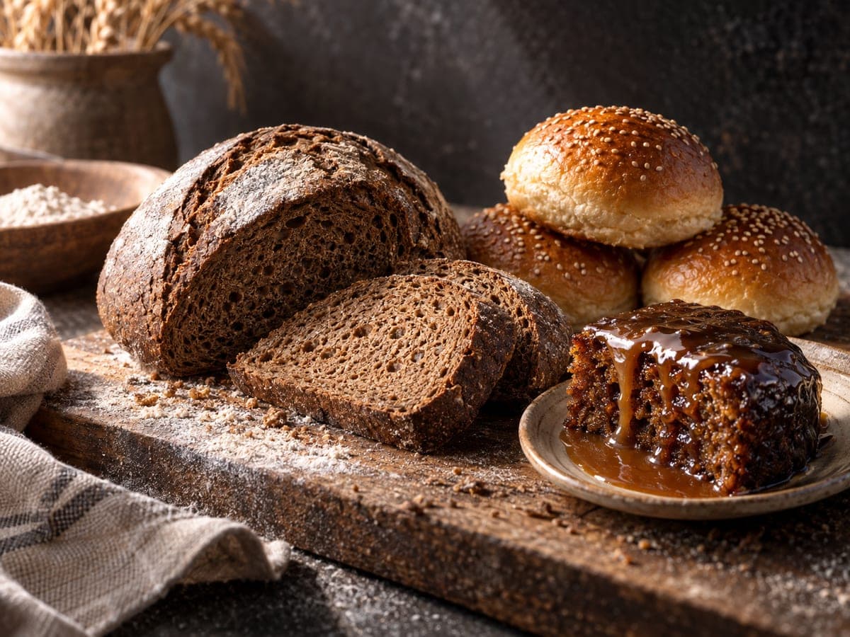 A dark rye loaf, soft burger buns and a slice of sticky toffee pudding on a floured board — Bakery & Desserts at The Sausage Guy Panglao