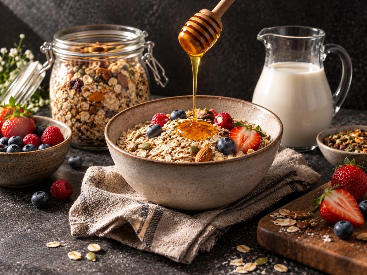 A bowl of rolled oats with honey pouring in, beside a jar of muesli and a jug of milk — Breakfast & Cereals at The Sausage Guy Panglao
