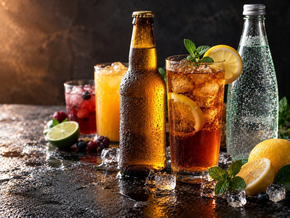 A frosted bottle of beer beside a tall glass of iced tea with lemon and mint, a bottle of sparkling water and glasses of juice, on a wet dark counter with ice — Drinks at The Sausage Guy Panglao