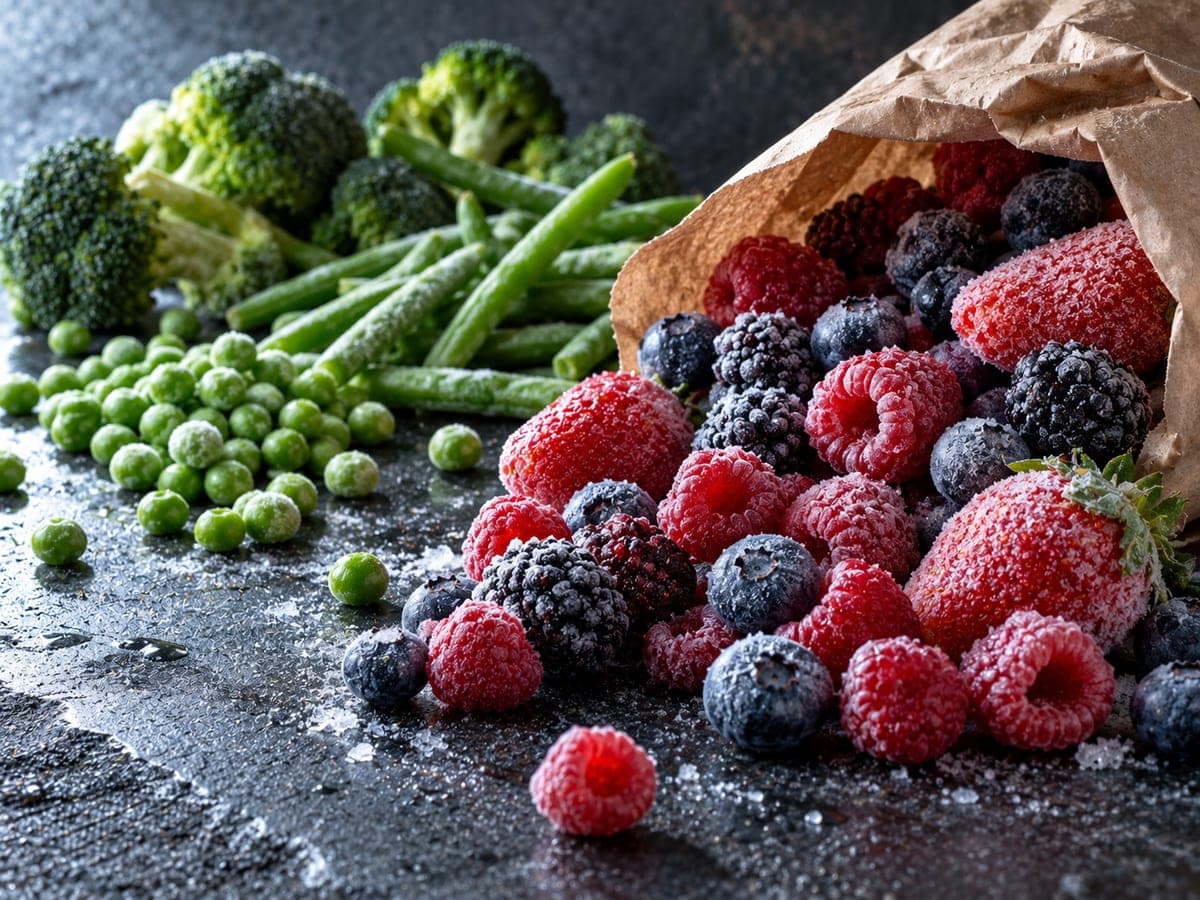 Frozen strawberries, raspberries, blackberries and blueberries spilling from a paper bag, with broccoli, green beans and peas behind them, frost still on everything — Frozen Fruit & Veg at The Sausage Guy Panglao