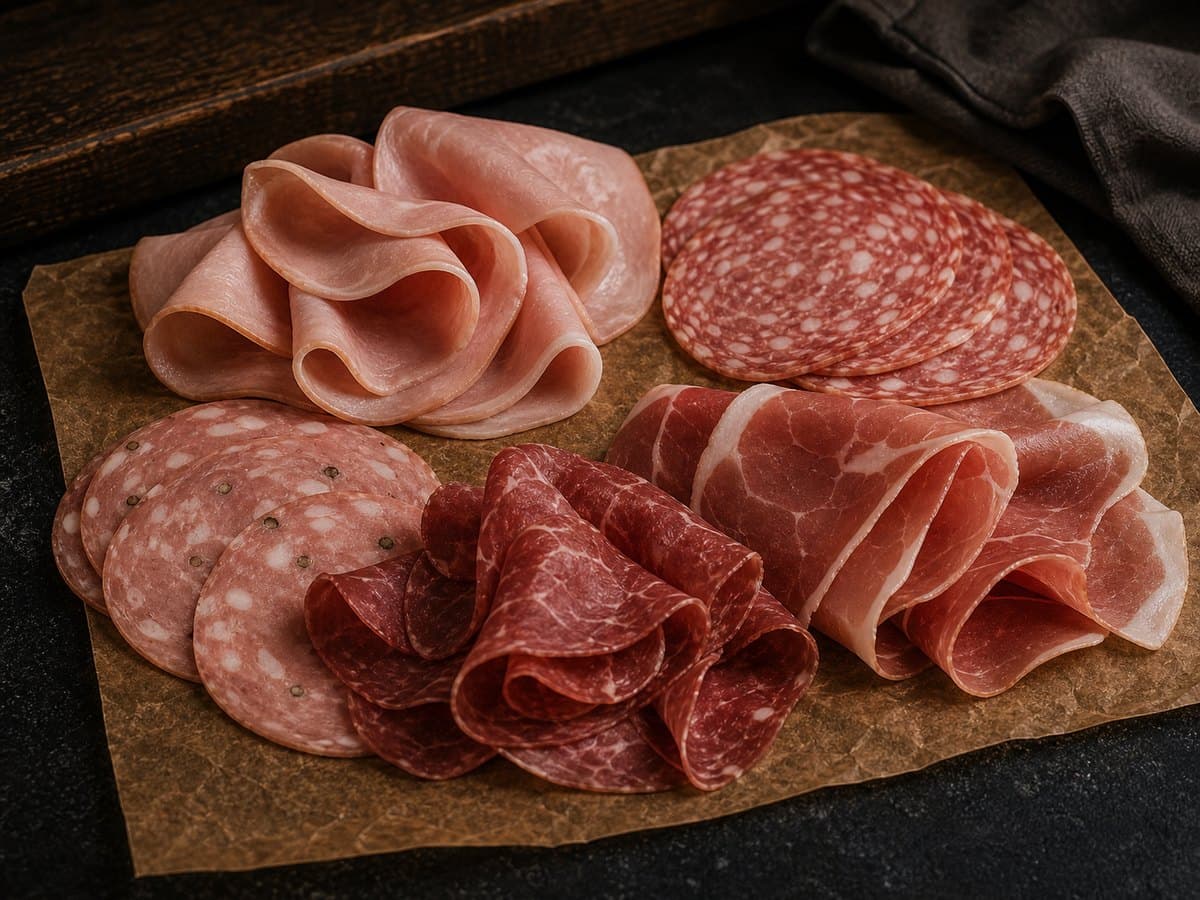 Folded slices of honey ham, black forest ham and salami fanned on a slate board — Hams & Cold Cuts at The Sausage Guy Panglao