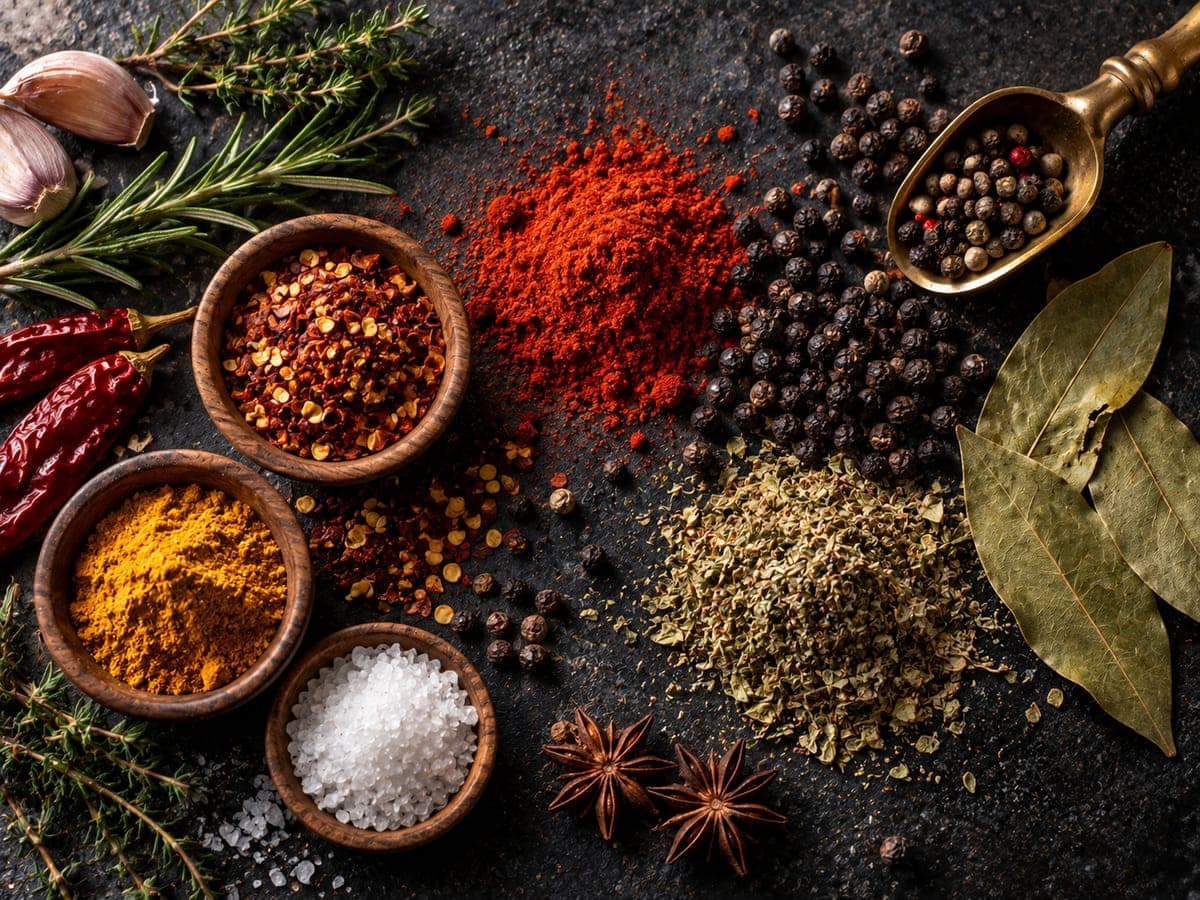 Paprika, turmeric, chilli flakes, coarse salt, black and white peppercorns, dried oregano, bay leaves and star anise on dark slate with a brass spice scoop — Herbs & Spices at The Sausage Guy Panglao