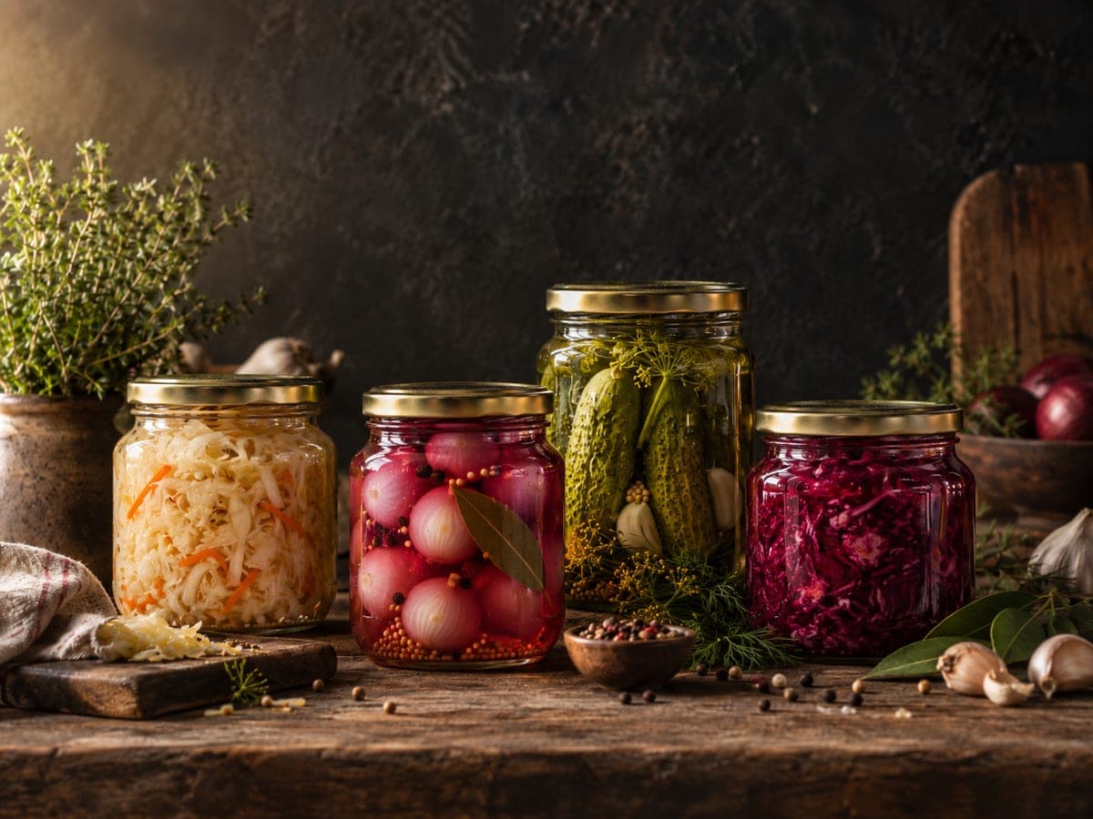 Four glass jars on a wooden table — sauerkraut, pickled onions with bay and peppercorns, whole gherkins with dill, and red cabbage — Pantry & Preserves at The Sausage Guy Panglao