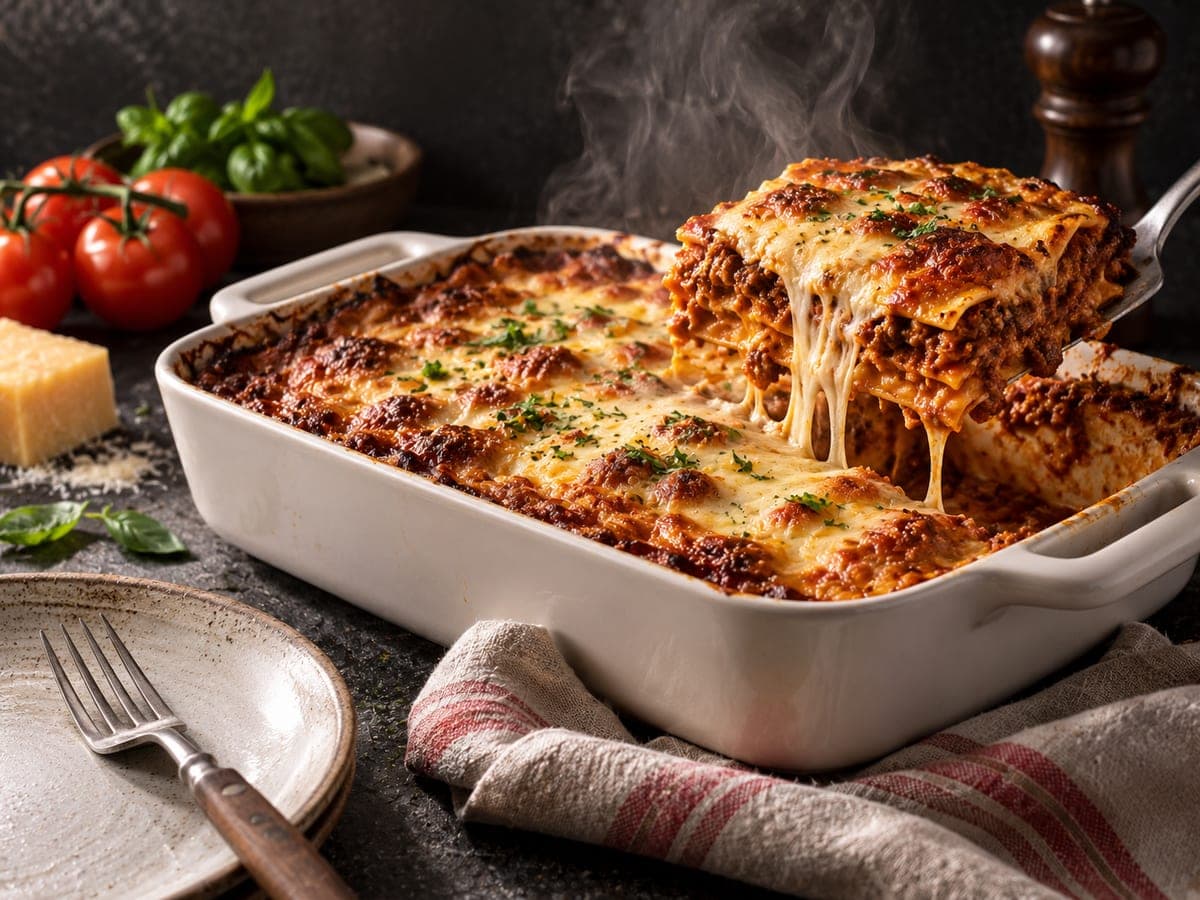 A baked beef lasagne in a white dish with one portion lifted out, steam rising — Ready Meals at The Sausage Guy Panglao