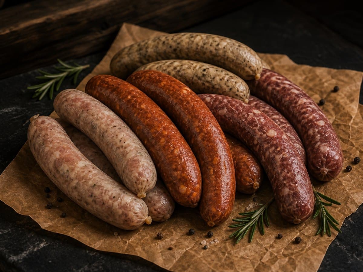 Fresh bratwurst and Nürnberger sausages coiled on a wooden board with rosemary — Sausages at The Sausage Guy Panglao