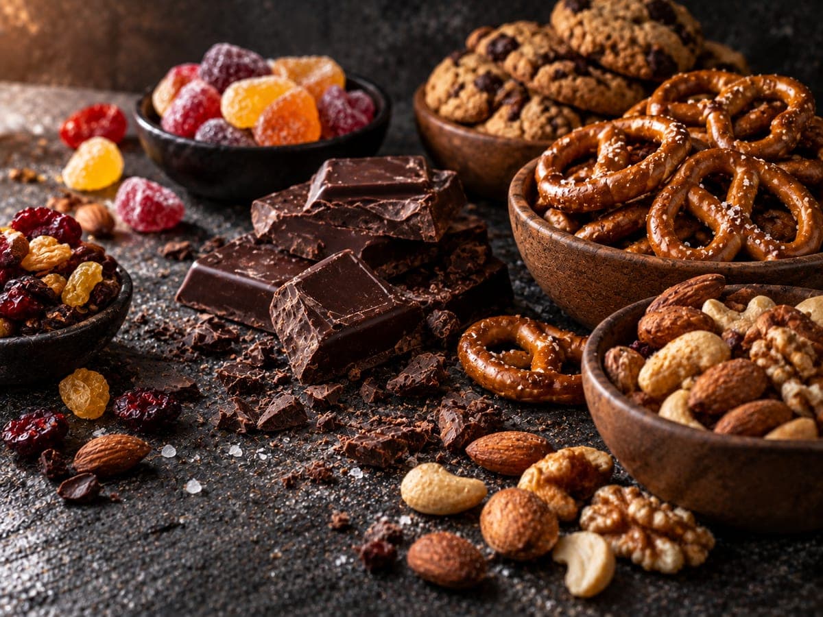 Broken dark chocolate on dark stone, with bowls of salted pretzels, mixed nuts, dried fruit, cookies and sugared jellies around it — Snacks & Sweets at The Sausage Guy Panglao